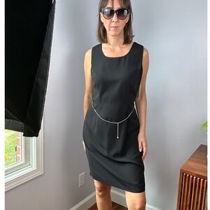 S.L. Fashion Vintage Black Sheath Dress Sleeveless Rhinestone Belt Cocktail L XL